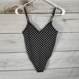 Forever 21 Black & Gray Checkered Sleeveless Thong Bodysuit Size Small